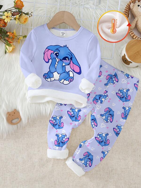 SHEIN Playful Pals 2pcs Young Girl' Cute Blue Rabbit Purple Top & Full Print Rabbit Leggings Knitted Stretchy Thermal Lined Purple Long Sleeve Pants Pajama Set Kids Pajama Set Snug Fit Tight Fit Pajamas