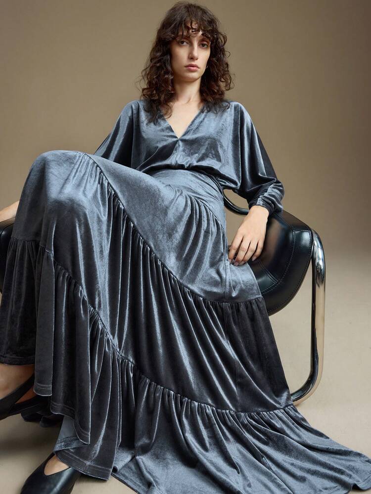 Women's Slate Blue Velvet V-Neck Batwing Sleeve Ruffle Hem Flared Dress,Autumn Elegant Dining Business Casual Office Wear Old Money Style Party Dress