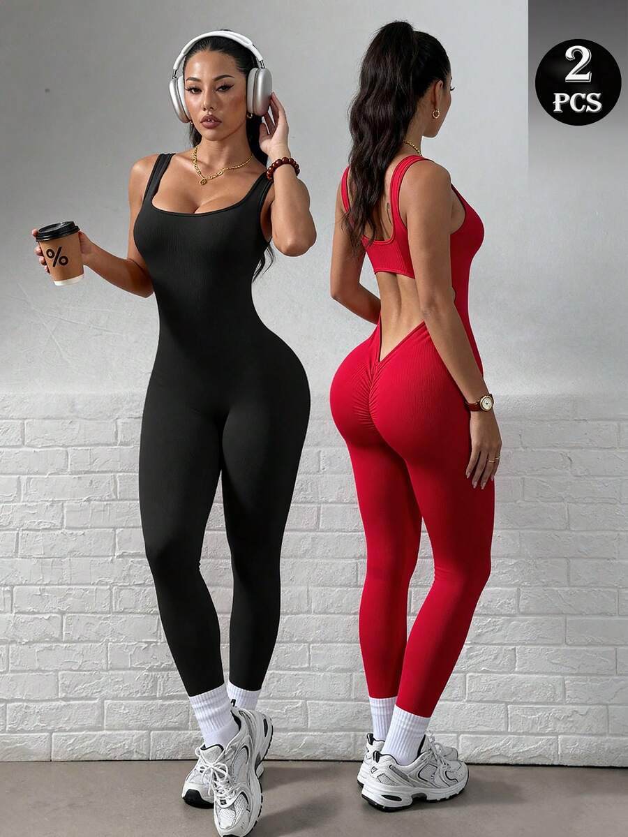 SHEIN Dewbera Bộ 2 quần liền thân tập yoga liền mạch hở lưng gợi cảm, màu đen và đỏ - Nhiều màu - Xem 1