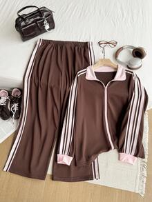 Comfortcana Set casual sportivo da 2 pezzi in tessuto marrone per taglie comode - Castano - Visualizzare 8