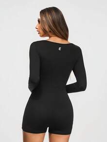 Eassivo Eassivo Women's Black Long Sleeve Zip Front Bodycon Romper,Summer Stretchy Slim Fit Shorts Jumpsuit,Athleisure Yoga Activewear For Gym,Workout,Casual Fashion - Black - View 2