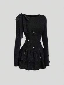 Sweetra 女士优雅露肩蝴蝶结迷你连衣裙，适合派对、正式场合、通勤和日常穿着，黑色亮面面料 - 黑色 - 查看 1