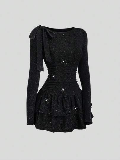 Sweetra Women's Elegant Off Shoulder Bowknot Mini Dress, Suitable For Party, Formal Occasion, Commute And Daily Wear, Black Shiny Fabric