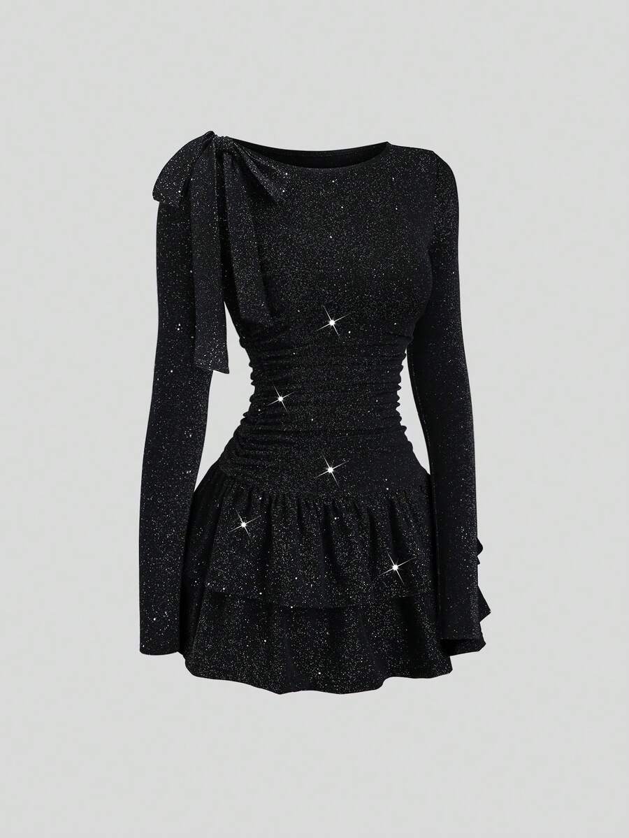 Sweetra 女士优雅露肩蝴蝶结迷你连衣裙，适合派对、正式场合、通勤和日常穿着，黑色亮面面料 - 黑色 - 查看 1