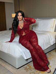 NU&NOW Conjunto de 2 piezas de top de manga larga y pantalones con adorno de encaje, talla grande y sexy - Rojo - Ver 5
