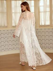 MOTF PREMIUM ELEGANT CONTRAST LACE CAMI DRESS & ROBE PAJAMA SET - White - View 6