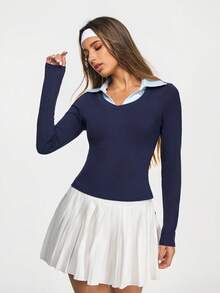 Eassivo Eassivo 女士条纹长袖修身运动Polo衫 - 藏蓝色 - 查看 6