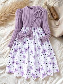 Explorewe SHEIN KIDS,Best Gifts For 11 12 Year Olds Girl,Tween Girls' Casual Patchwork Butterfly Print Bow Decor Dress, Autumn,Internet Girl - Purple - View 3