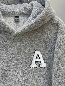 Manfinity Hypemode 标准尺码男士简约刺绣字母徽章灰色抓绒连帽衫，适合冬季、上学、居家、外出、送友，简约百搭，长袖上衣 - 灰色 - 查看 4
