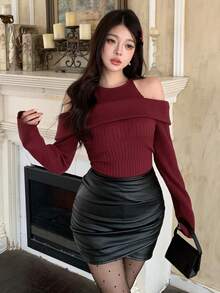 DAZY Damen eleganter Off-Shoulder einfarbiger Pullover, Herbst - Bordeaux - Übersicht 7