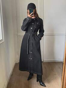 DAZY Women's Casual Washed Pocket Belt Denim Dress, Autumn - Dark Grey - View 6