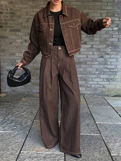 DAZY 女士休闲水洗撞色假口袋夹克和阔腿牛仔裤套装，秋冬款