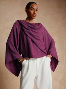 Vesra 优雅不对称裹身式纯色垂褶长袖上衣 - 中紫紅色 - 查看 5