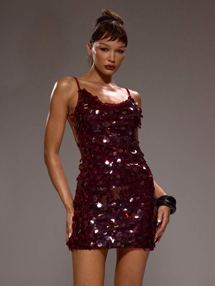 MUSERA 亮片高领露背修身迷你连衣裙，冬季性感优雅场合派对晚宴新年夜 - 紅色 - 查看 1