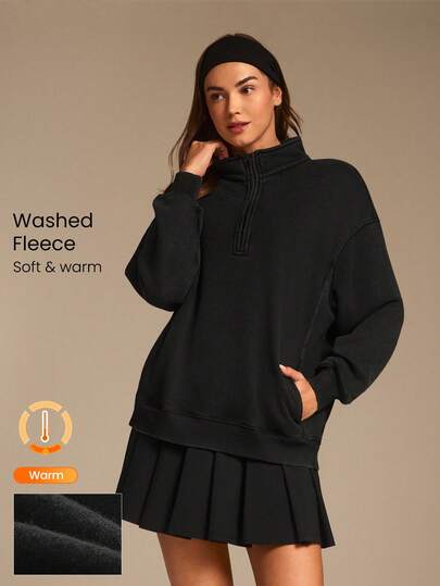 GLOWMODE 日常抓绒磨砂舒适柔软保暖酸洗宽松半拉链卫衣，秋冬户外日常休闲穿着