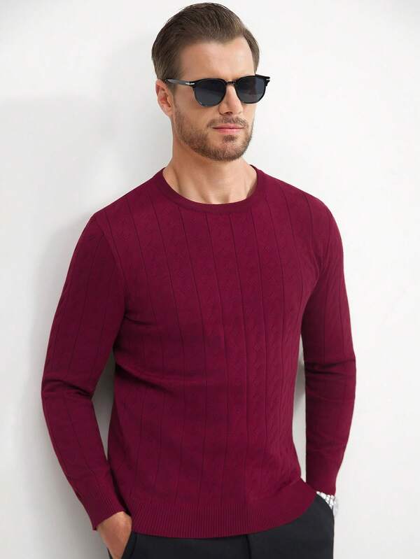 Manfinity Mode Męski sweter casualowy w jednolitym kolorze z dzianiny kablowej z okrągłym dekoltem, jesień/zima