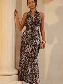 SHEIN Unity Satin Fabric Random Leopard Print Sexy Plunging Neck Backless Dress - Multicolor - View 5