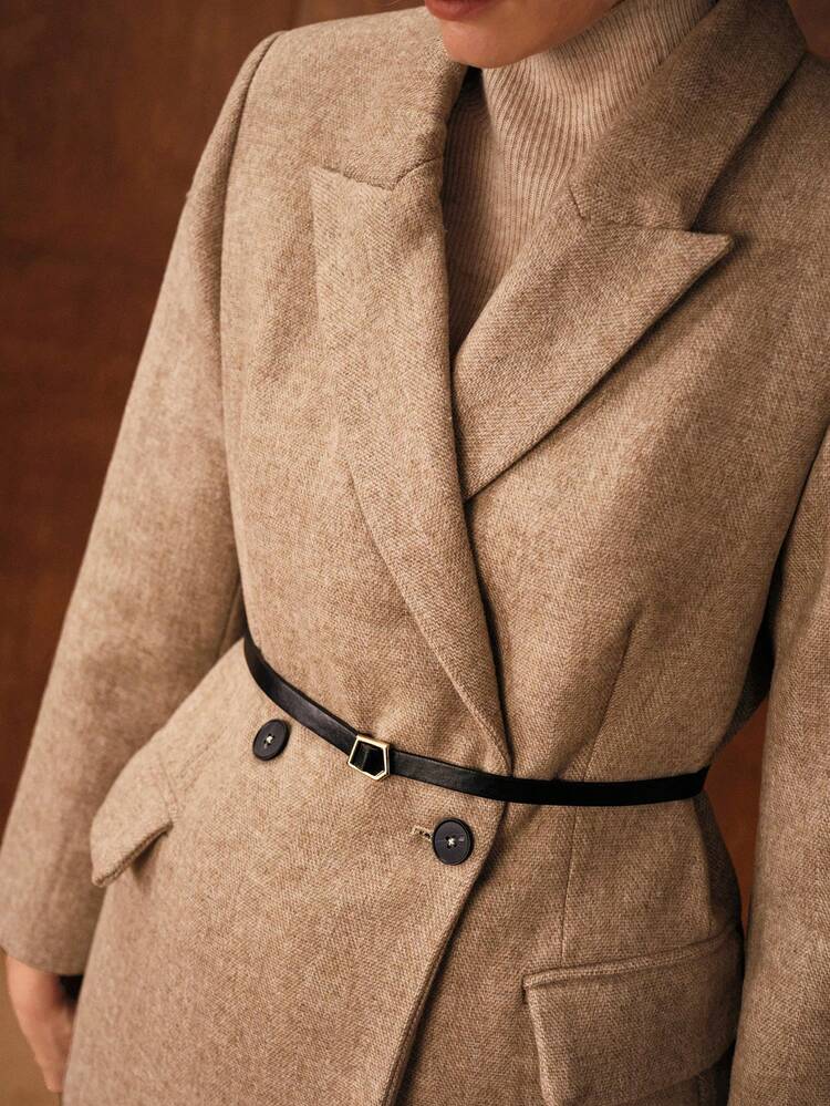 WOOL STRUCTURED PEAK COLLAR DOUBLE BREASTED BLAZER WITH BELT