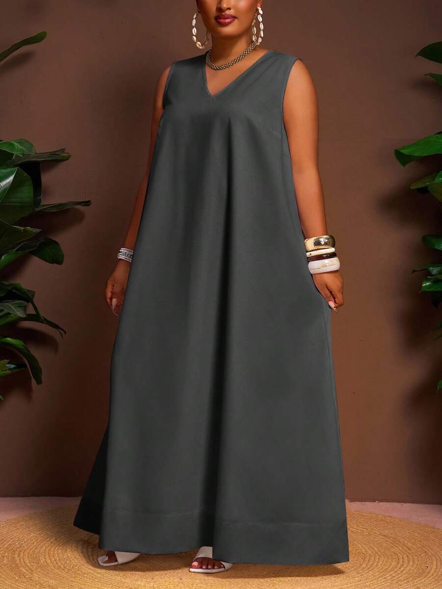 Veslaya 春夏新款度假休闲/通勤休闲/日常休闲/百搭纯白宽松V领A字不规则下摆大码长裙 - Z - 灰色 - 查看 1