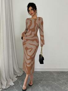 Elenzga Vestido de suéter para mujer con mangas acampanadas - Caqui - Ver 5