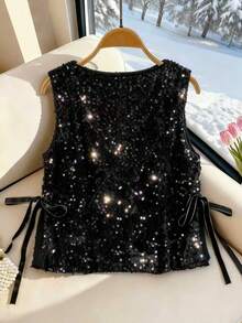 GlowEve Elegant Sleeveless Sequin Ribbon Top For Women, Spring/Autumn