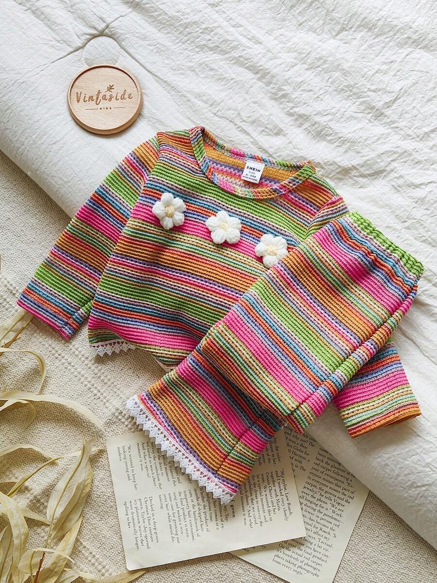 Vintaside Kids 2件套女婴彩虹条纹花卉钩编装饰长袖上衣和松紧腰喇叭裤套装，流苏边饰，休闲时尚秋季套装，适合多种场合 - 彩色 - 查看 1