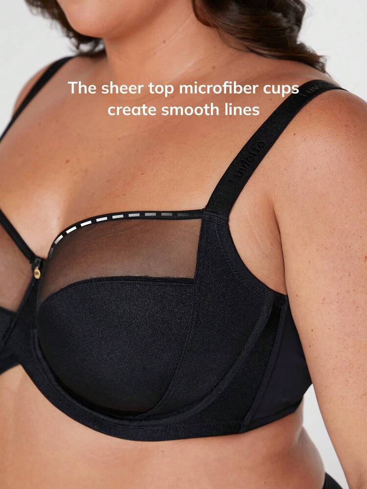 Plus Black Unlined Full Coverage Side Support Mesh Sheer Basic Breezy Comfort Minimizer Bra