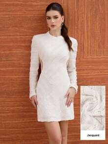 Modelyn Váy dự tiệc tay dài ôm sát, khoét lỗ Jacquard màu trơn dành cho nữ - Màu be - Xem 4