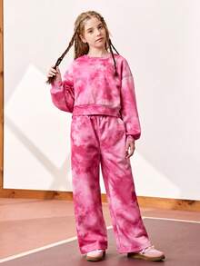 JNSQ Conjunto de 2 piezas para niñas preadolescentes - Sudadera con mangas largas y efecto tie-dye y pantalón de chándal de pierna recta holgada, adecuado para otoño, invierno, uso diario, actividades al aire libre, vacaciones, ropa urbana, fiestas y casual - Rosa - Ver 3