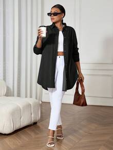 SHEIN Lady 蓝色大码牛仔连衣裙，休闲宽松长袖衬衫裙，舒适休闲 - 黑色 - 查看 5