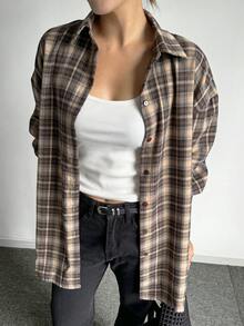 DAZY Women's Plaid Loose Turndown Collar Long Sleeve Shirt, Coffee Brown, Spring/Summer/Autumn