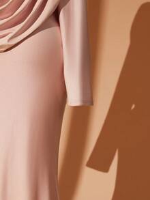 Rometta Plus Size Women Elegant Round Neck Banquet Draping Shoulder Formal Gown, Ruched Design Fitted Mermaid Dress - Pink - View 4