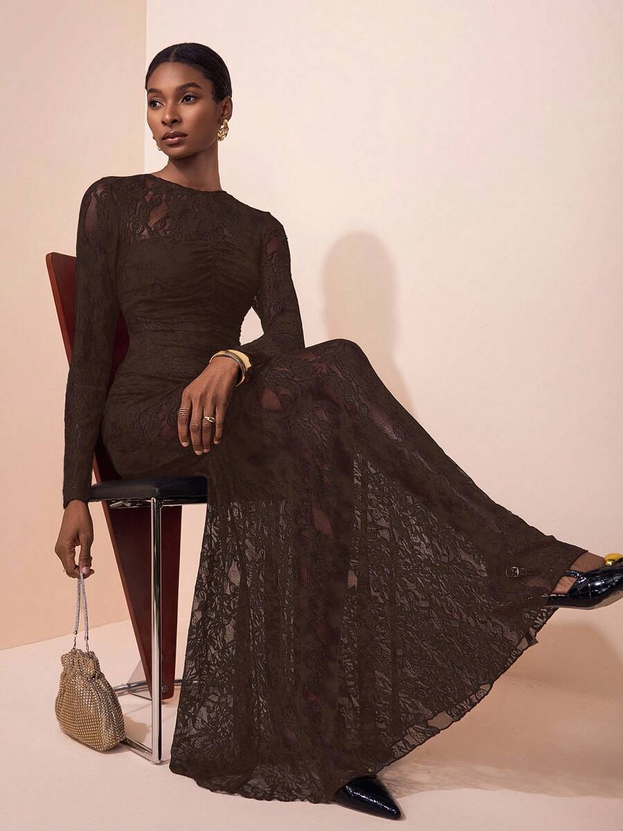 Zivah 2025 春夏新品 音乐节、复活节、圣帕特里克节、西部风、游牧风、生日派对、毕业典礼、学院风、学生风、日常休闲、基本百搭、休闲、邮轮旅行、海滩、日光浴、网络红、街头服饰、婚礼宾客波西米亚风、通勤、早午餐、机场、女士黑色蕾丝半透明长袖褶饰鱼尾长裙 - 棕色 - 查看 1