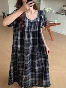 DAZY Plaid Ruched Design Frill Trim Loose Fit Women Casual Dress