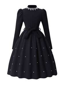 Tween Girl Elegant Pearl Embellished Puff Sleeve Dress - Black - View 7