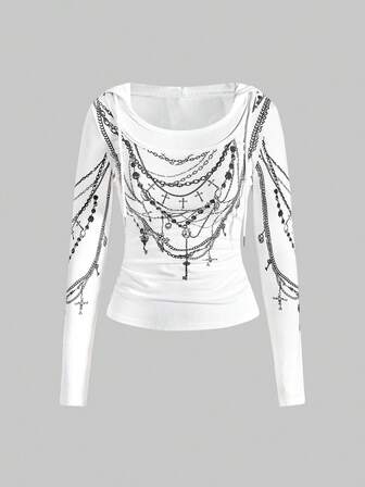 ROMWE Avant Camiseta con capucha de manga larga con estampado envuelto en cadena retro Y2K para mujer, estilo callejero K-pop