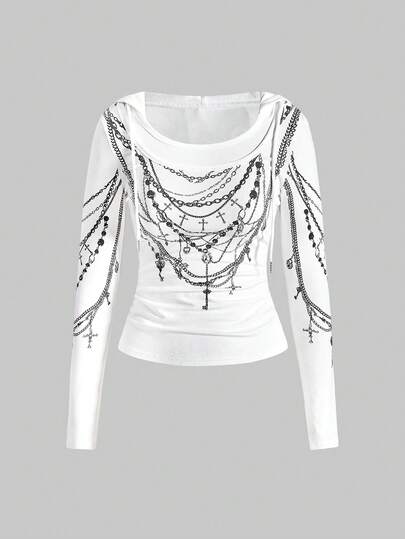 ROMWE Avant Retro Y2K Street Kette Umwickelter Muster Frauen Kpop Kapuzen Langarm T-Shirt