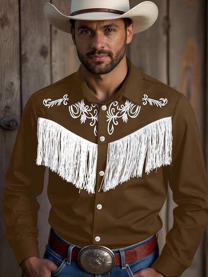 Manfinity Nomadique Men's Casual Western Cowboy Vacation Style Floral Print Contrast Color Fringe Decor Long Sleeve Shirt, Spring/Autumn Mens Fringe Western Mens Wear Brown And White Shirt Men