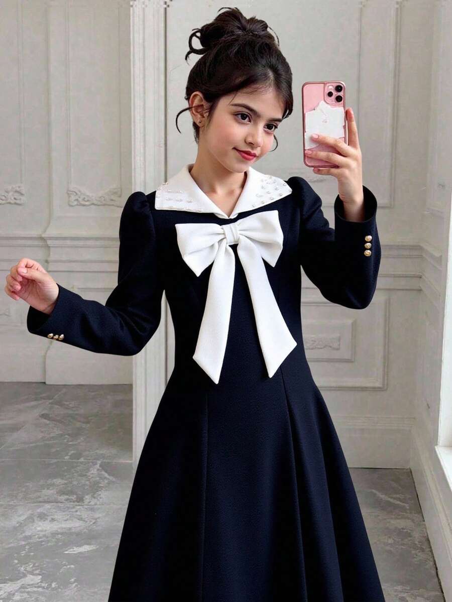 青少年女孩休闲学院风拼色领仿珍珠装饰大蝴蝶结修身连衣裙,春秋季 - 黑與白 - 查看 1