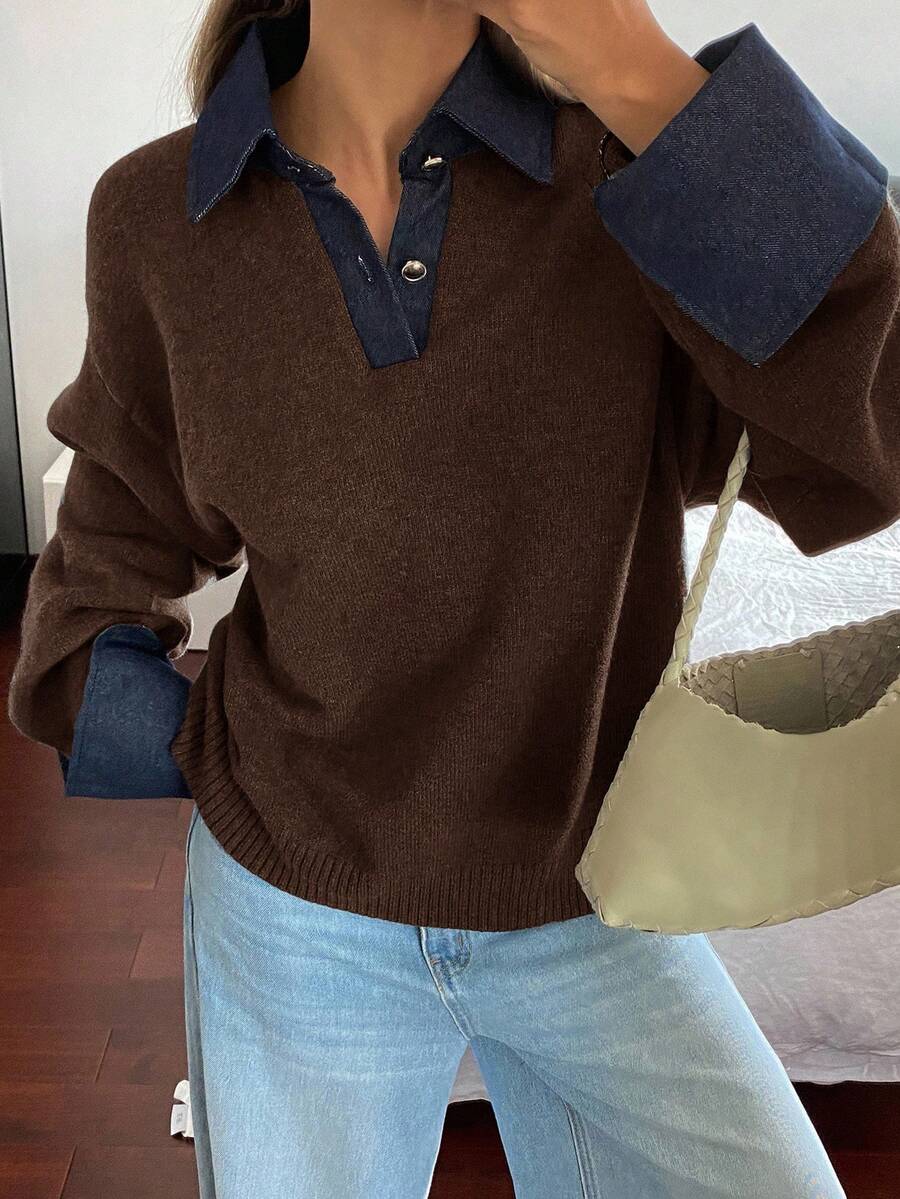 Livesso Women's Autumn Denim Patchwork Loose Knit Sweater With Turndown Collar - Coffee Brown - View 1