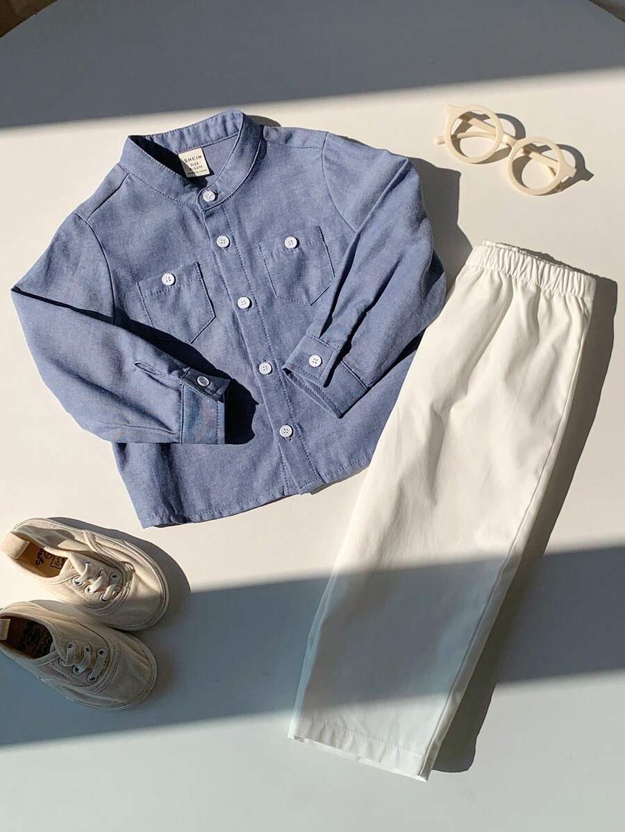 SHEIN 2pcs Baby Boy Casual Cute Light Blue Long Sleeve Shirt & Elastic Waist Pants Set, Suitable For Birthday Party, Rave, Evening Party, Performance, Wedding, Baby's 1st Month, Christening, 1st Birthday Celebration, Wedding Guest, Baby Shower Christening Outfit Light Blue Baby Boy 18 Month Clothes Boy Baby Boys Outfits Button Up Dress Shirt Boy - Multicolor - View 1