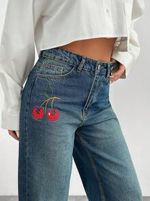 EURMUSE WIDE LEG LOW WAIST EMBRIODERY DETAIL JEANS - Medium Wash - View 7