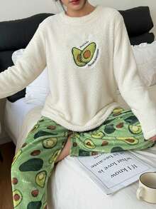 SHEIN 牛油果刺绣蓬松上衣和法兰绒印花长裤女士舒适睡衣套装，冬季服装 - 杏色 - 查看 7