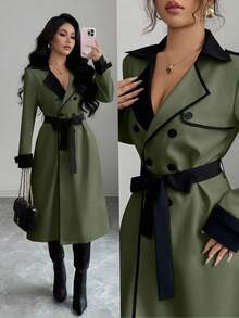 Elenzga 女士撞色领设计双排扣收腰优雅休闲通勤时尚法式百搭商务度假风衣，奶油白与杏色拼接，长袖，秋冬款 - 軍綠色 - 查看 7