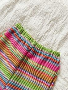 Vintaside Kids 2件套女婴彩虹条纹花卉钩编装饰长袖上衣和松紧腰喇叭裤套装，流苏边饰，休闲时尚秋季套装，适合多种场合 - 彩色 - 查看 5