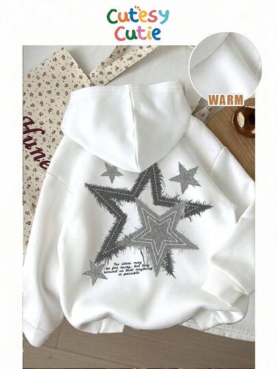 SHEIN Leap Crew Tween Girls' Casual Minimalist Pentagram Graphic White Sweatshirt, Street Style, Punk, Thick Long Sleeve Sweatshirt Suitable For Autumn/Winter