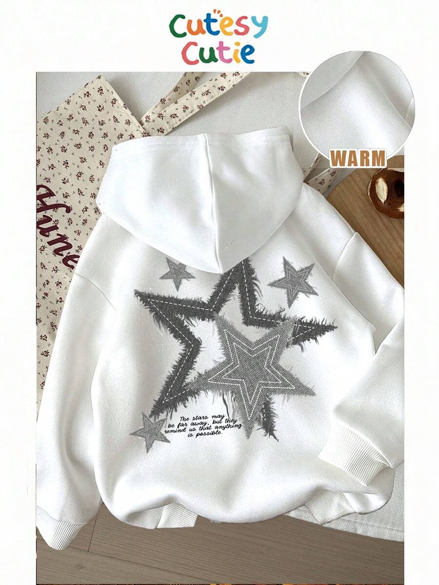 SHEIN Leap Crew 少女休闲简约五角星图案白色卫衣，街头朋克风，加厚长袖卫衣，适合秋冬季穿着 - 白色 - 查看 1