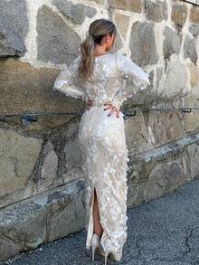 Jeta Ari Đầm dự tiệc cocktail tay dài cổ vuông đính sequin gợi cảm, đa năng cho nhiều dịp, Thu/Đông - Màu be - Xem 2