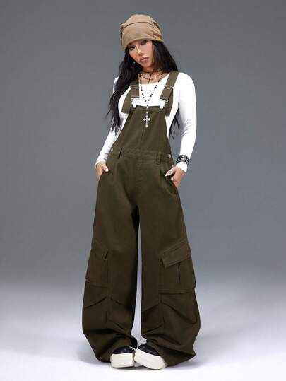 Bloopia Women's Solid Color Cargo Pocket Wide Leg Casual Jumpsuit With Suspenders