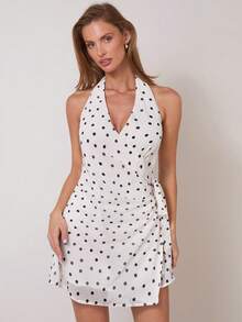 COSMINA Women's Elegant Deep V Ruched Polka Dot Chiffon Mini Dress, Versatile For Commuting And Office Wear, All Season - Black and White - View 1